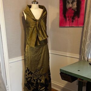 Elegant Olive Green Two-Piece Dress with Black Floral Design